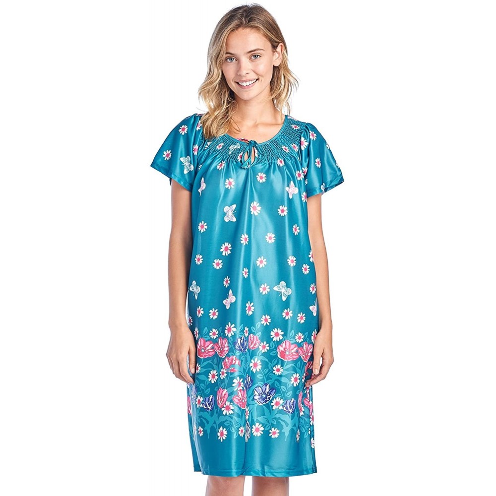 Nightgowns & Sleepshirts Women's Round Neck Mu-Mu Housecoat Lounger - Green Daisy Butterfly - C518GLUSDT3