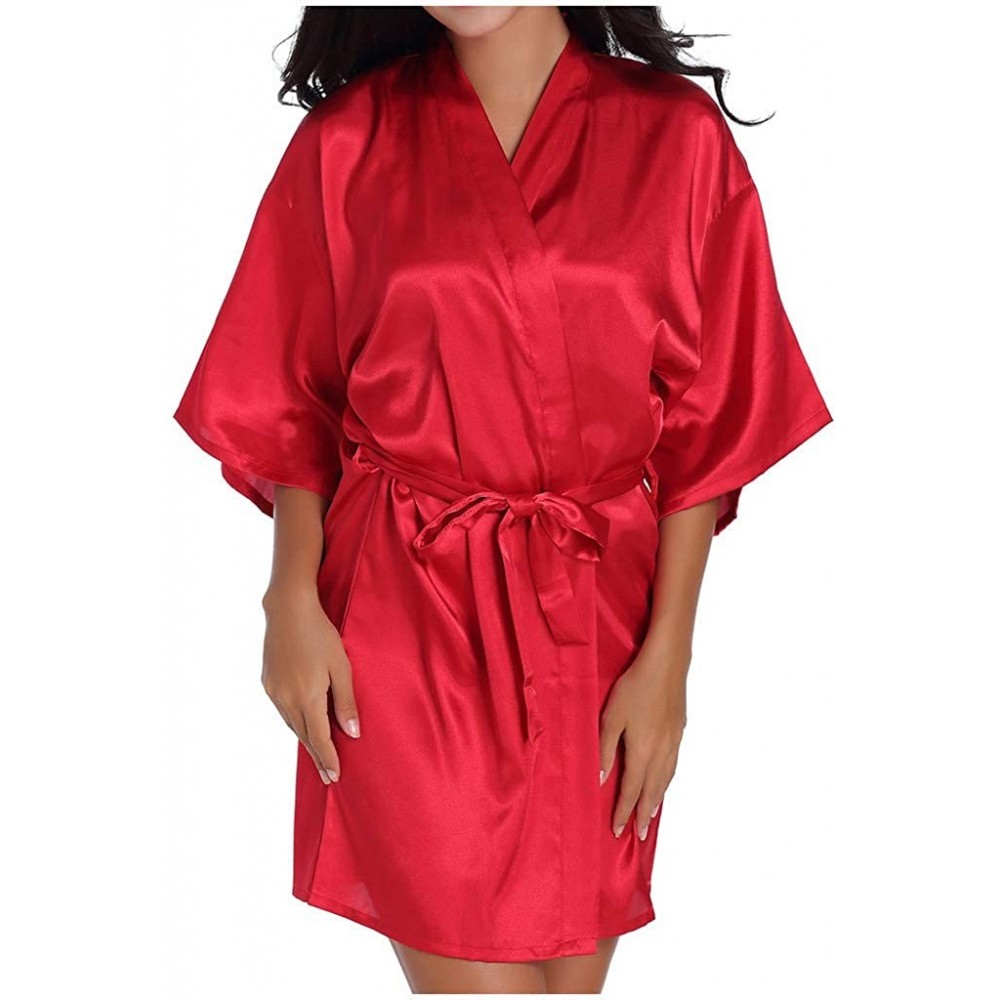 Robes Women Kimono Sleepwear Bridal Pajamas Wedding Brideslmaid of The Bride Robes with Belt - Red 1 - C1198GYCYN9