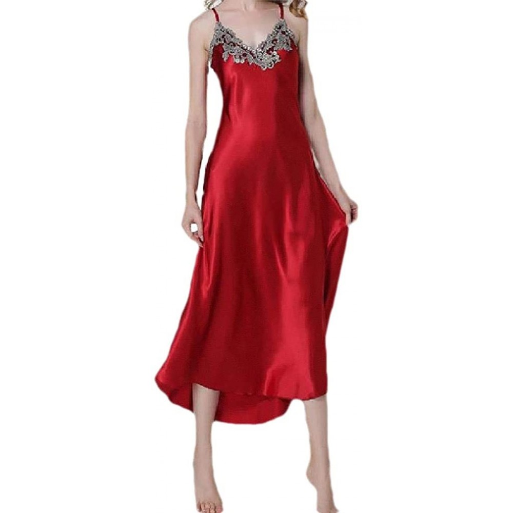 Nightgowns & Sleepshirts Womens Sling Lace Patchwork V-Neck Charmeuse Sexy Soft Sleepwear - Red - CS199UI0X02