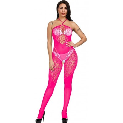 Bustiers & Corsets Teddy Lingerie for Women Babydoll Lace Features V-Neck Halter for Nightwear - Hot Pink - C418RGA79CT