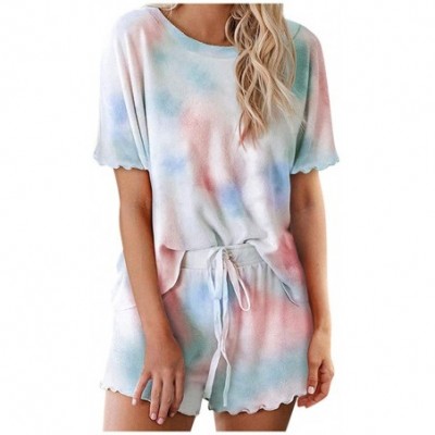 Sets Pajama Set for Women Tie dye Printed Sunflower Short Sleeve Lettuce Trim Tie Dye Top Shorts 2 Piece Outfits A blue - CH1...