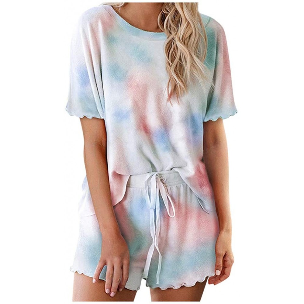 Sets Pajama Set for Women Tie dye Printed Sunflower Short Sleeve Lettuce Trim Tie Dye Top Shorts 2 Piece Outfits A blue - CH1...