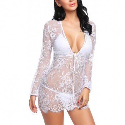 Baby Dolls & Chemises Women Lingerie Lace Babydoll V Neck Sleepwear Strap Chemise with Bra and G-String - White(style 3） - CT...