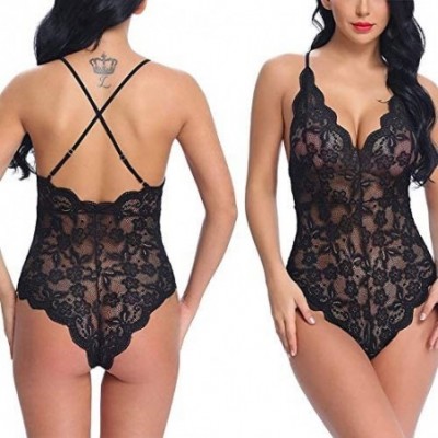 Baby Dolls & Chemises Women V-Neck Lace Floral Lingerie Set with G-String Mesh Babydoll Chemise Open Front Sleepwear Nightgow...