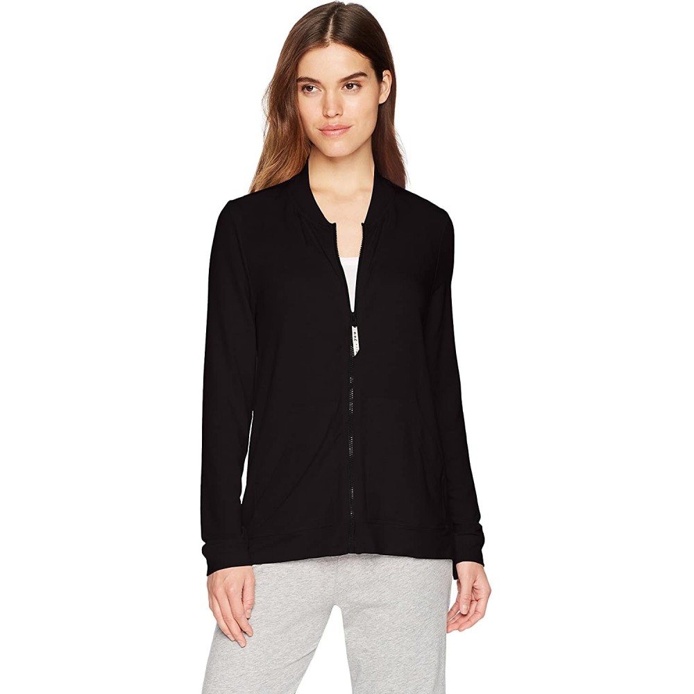 Tops Women's Solid French Terry Long Sleeve Zip Front Lounge Jacket - Black - CZ18CHXETO9