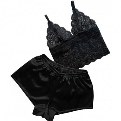 Sets Sleepwear for Women Sexy Satin Lace V Neck Camisole Bowknot Shorts Set Comfortable Pajamas Lingerie - Black - CR1965M5CXG