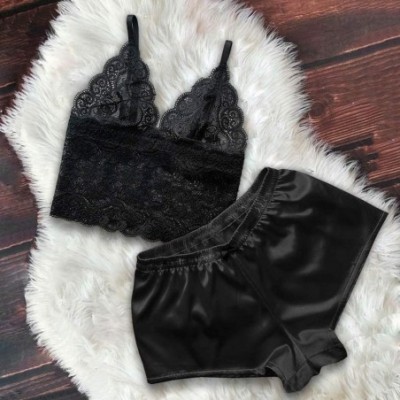 Sets Sleepwear for Women Sexy Satin Lace V Neck Camisole Bowknot Shorts Set Comfortable Pajamas Lingerie - Black - CR1965M5CXG