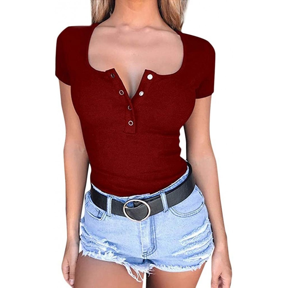 Shapewear Fashion Womens Sexy Solid Tank Top Short Sleeve Button Blouse T-Shirt - Winered - C918SYZGYEW