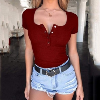 Shapewear Fashion Womens Sexy Solid Tank Top Short Sleeve Button Blouse T-Shirt - Winered - C918SYZGYEW