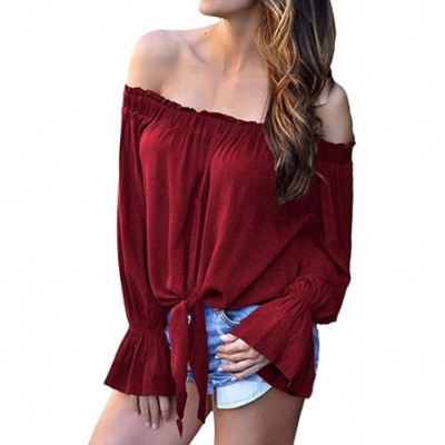 Nightgowns & Sleepshirts Long Sleeve Shirt for Women Striped Off Shoulder Tie Knot Casual Blouses Tops - Red - CC18GGRZL5N