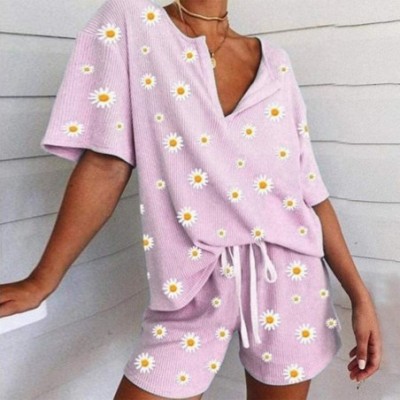 Sets Women's Pajamas Shorts Set Loose Short Sleeve T-Shirts+Shorts Summer - Pink2 - CM19C2EILN9