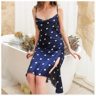 Nightgowns & Sleepshirts Ladies Sexy Silk Long Nightgowns Satin Night Dress Sleeveless Hearts Print Sleepwear Nightwear for W...