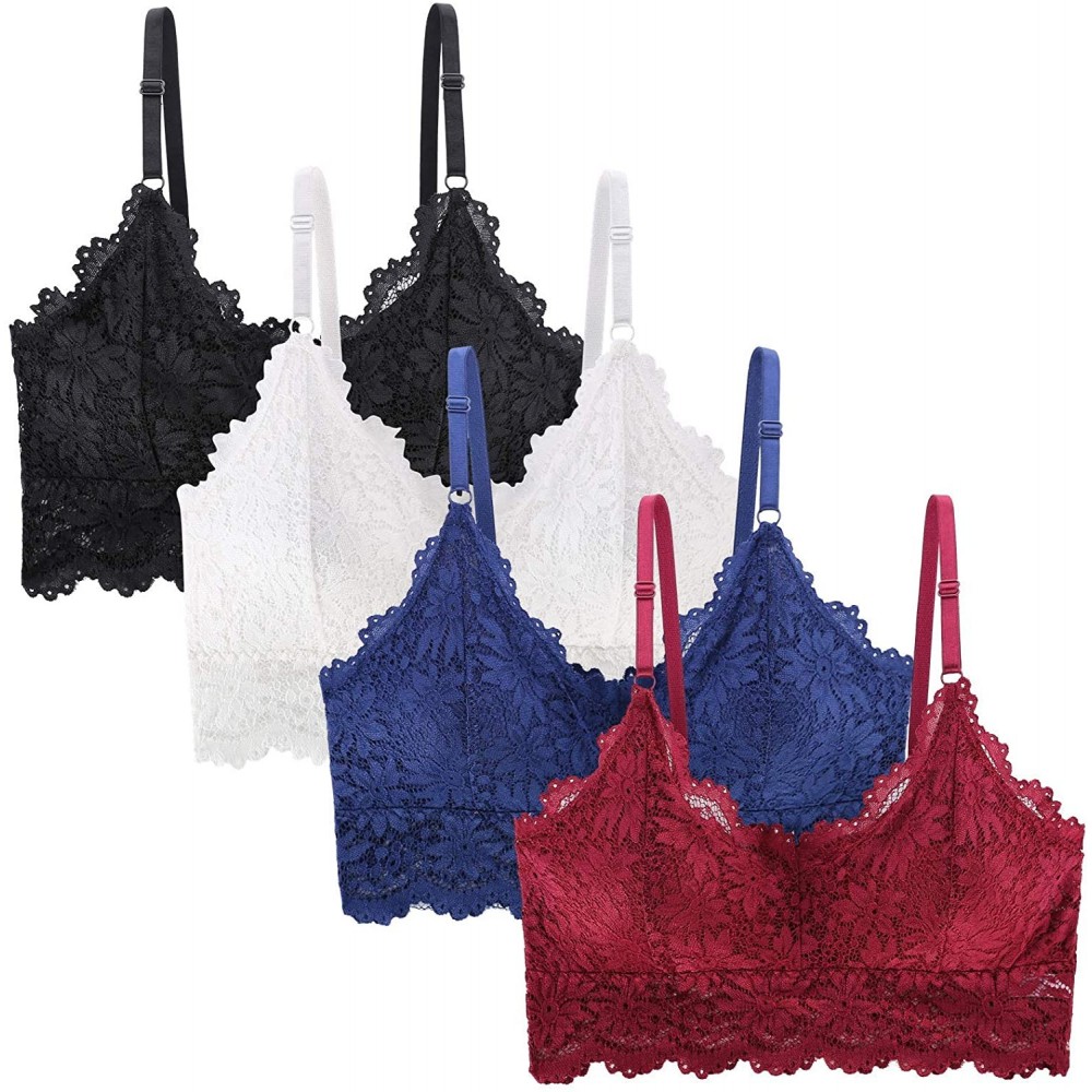 Bras Lace Bralettes for Women Floral Lace Bra Adjustable Straps Lined Unpadded Pull On Wire Free - 4 Pack(black White Dark Bl...