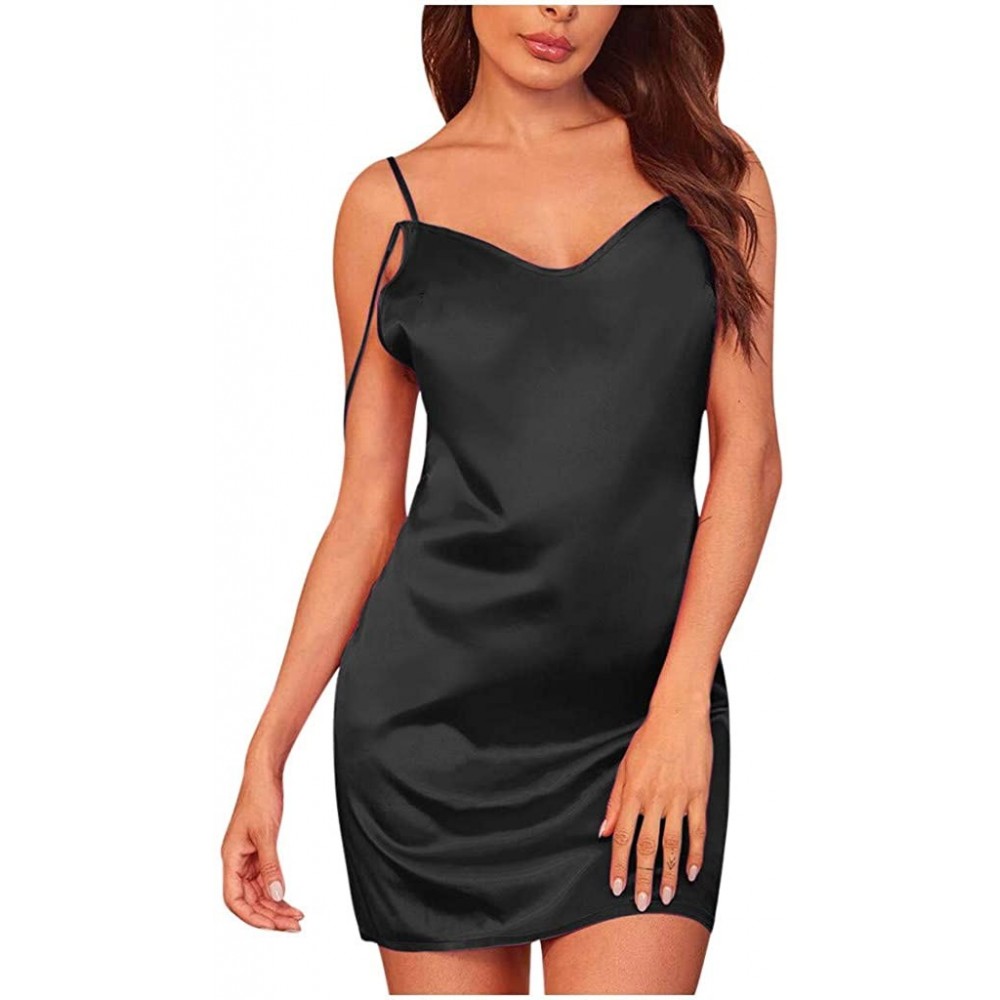 Nightgowns & Sleepshirts Women Satin Chemise Nightgown Sexy Full Slips Sleepwear Nightdress Lingerie - Black - C51973DD2IU