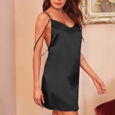 Nightgowns & Sleepshirts Women Satin Chemise Nightgown Sexy Full Slips Sleepwear Nightdress Lingerie - Black - C51973DD2IU