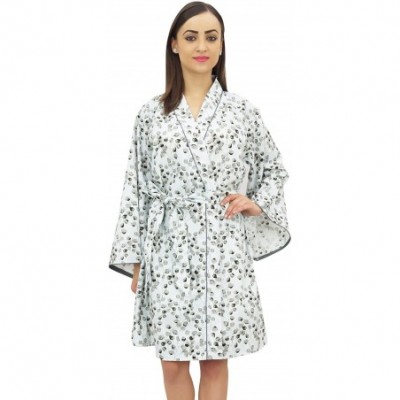 Robes Women's Leaf Printed Kimono Robe Full Sleeve Cotton Poplin Cover Up - Gray - CT18G4NKY4U