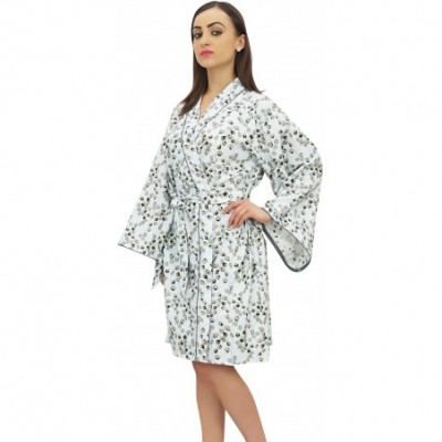 Robes Women's Leaf Printed Kimono Robe Full Sleeve Cotton Poplin Cover Up - Gray - CT18G4NKY4U