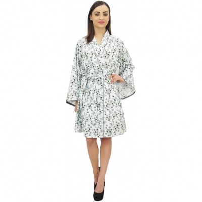 Robes Women's Leaf Printed Kimono Robe Full Sleeve Cotton Poplin Cover Up - Gray - CT18G4NKY4U