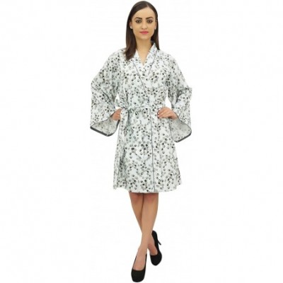 Robes Women's Leaf Printed Kimono Robe Full Sleeve Cotton Poplin Cover Up - Gray - CT18G4NKY4U