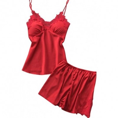 Sets Women's Satin Pajama Cami Set Silky Lace Nightwear 2 Piece Lingerie Short Sleepwear - Red - CT1955ALHR9