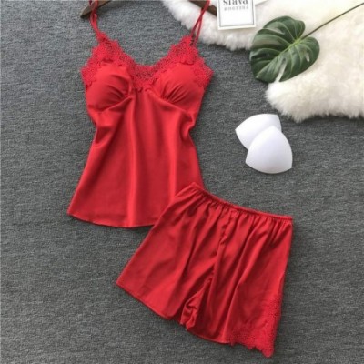 Sets Women's Satin Pajama Cami Set Silky Lace Nightwear 2 Piece Lingerie Short Sleepwear - Red - CT1955ALHR9