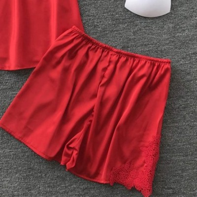 Sets Women's Satin Pajama Cami Set Silky Lace Nightwear 2 Piece Lingerie Short Sleepwear - Red - CT1955ALHR9