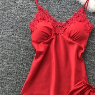 Sets Women's Satin Pajama Cami Set Silky Lace Nightwear 2 Piece Lingerie Short Sleepwear - Red - CT1955ALHR9