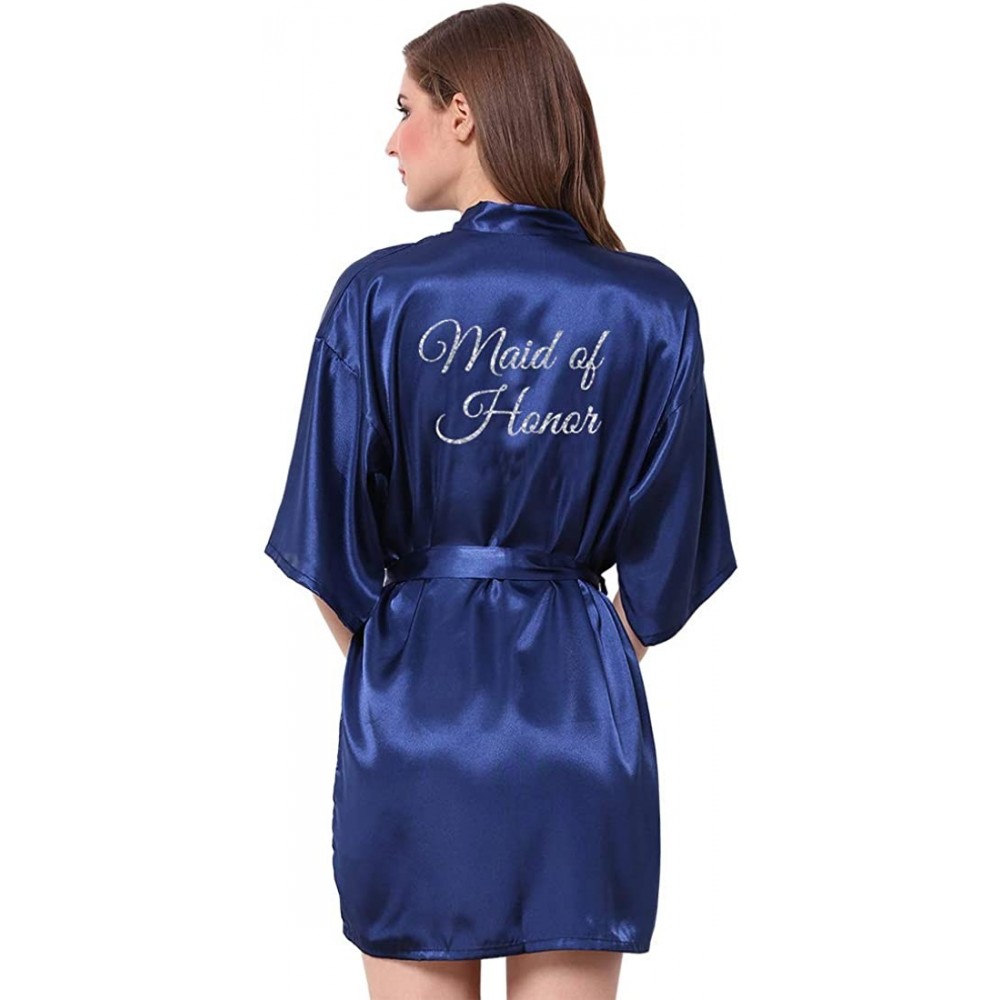 Robes Satin Kimono Wedding Party Getting Ready Robe with Glitters - C-dark Blue (Maid of Honor) - CO18WZQKYW2