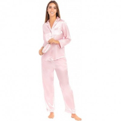 Sets Women's Button Down Satin Pajama Set with Sleep Mask- Long Silky Pjs - Petal With Light Gray Piping - CN18C6EHHTL