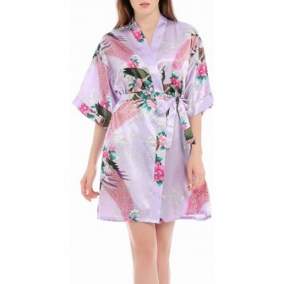 Robes Women's Short Satin Kimono Robes Floral Bridesmaids Sleepwear with Oblique V-Neck - Light Purple - CD197QEC3M9