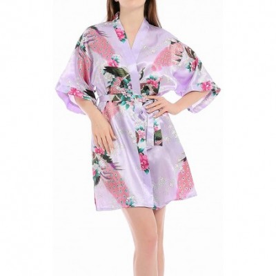 Robes Women's Short Satin Kimono Robes Floral Bridesmaids Sleepwear with Oblique V-Neck - Light Purple - CD197QEC3M9