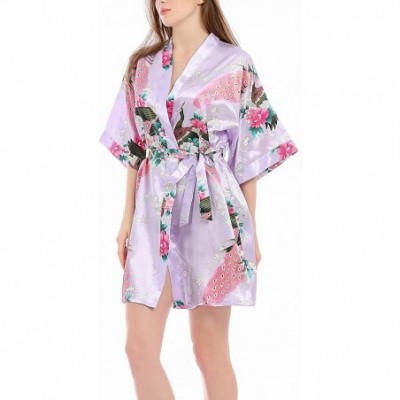 Robes Women's Short Satin Kimono Robes Floral Bridesmaids Sleepwear with Oblique V-Neck - Light Purple - CD197QEC3M9