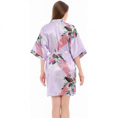 Robes Women's Short Satin Kimono Robes Floral Bridesmaids Sleepwear with Oblique V-Neck - Light Purple - CD197QEC3M9