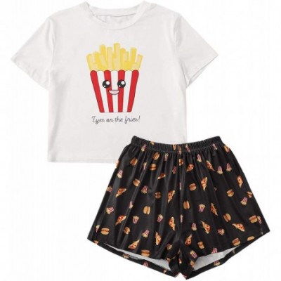 Sets Women's Letter & Cartoon Print Short Sleeve Tee with Shorts Pajama Set Sleepwear - Black and White1 - CO19DEMI74L