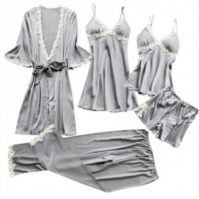 Sets Silk Overall 5 PCS Pajamas Set - 5PC Suit Satin Pajamas Sexy Lace Pijama Babydoll Nightwear Home Clothes - Gray - CY1952...