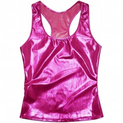 Camisoles & Tanks Women's U Neck Stretchy Slim Fit Shiny Leather Metallic Tank Top Rave Bustier Tops - Rose - CI19DCWZ2L2