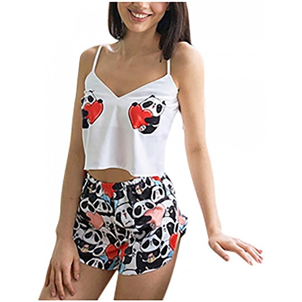 Sets Sexy Sleepwear for Women-Cute Cartoon Pattern Sleepwear Silk V-Neck Satin Lingerie - Red - CI19CIN6AUU