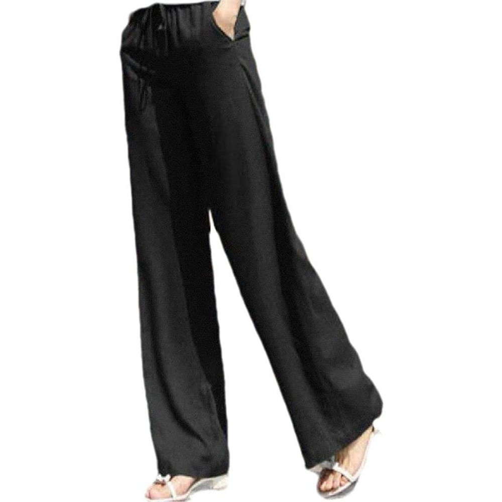 Bottoms Women's Linen Pockets Lounge Straight Over Waist Palazzo Lounge Pant - Black - CI18TI0OUIH