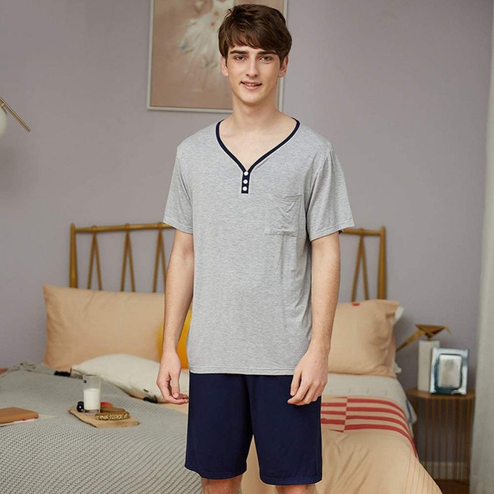 Sleep Sets Men's Pajamas Set- Men's Summer Shorts Home Pyjamas Suit for Men Pijama Set Men Pijamas Big Size V-Neck Sleepwear-...