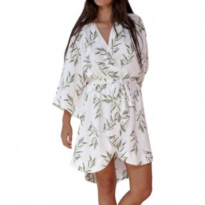 Robes Women 3/4 Sleeve Floral Plant Printed Sleepwear Tie Waist Robe - White - CU198RETZDY