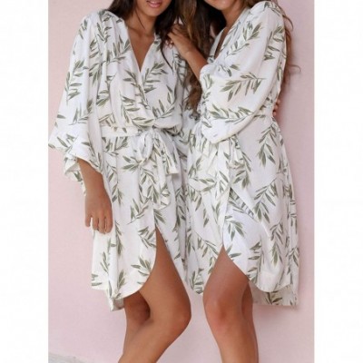 Robes Women 3/4 Sleeve Floral Plant Printed Sleepwear Tie Waist Robe - White - CU198RETZDY