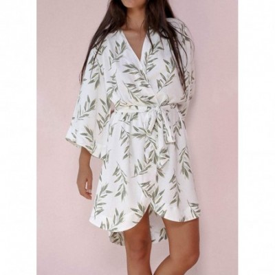 Robes Women 3/4 Sleeve Floral Plant Printed Sleepwear Tie Waist Robe - White - CU198RETZDY