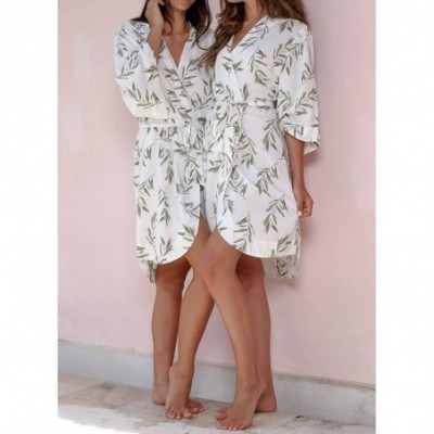 Robes Women 3/4 Sleeve Floral Plant Printed Sleepwear Tie Waist Robe - White - CU198RETZDY