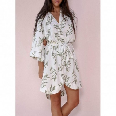 Robes Women 3/4 Sleeve Floral Plant Printed Sleepwear Tie Waist Robe - White - CU198RETZDY