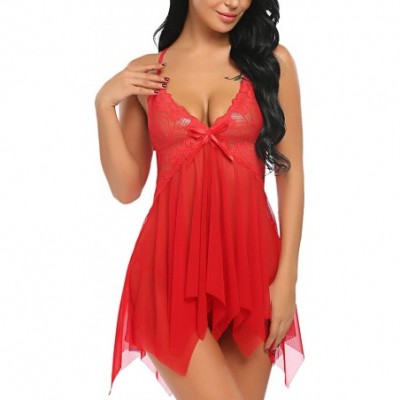 Baby Dolls & Chemises Women's Babydoll Lingerie Bridal Sleepwear Sexy Boudoir Negligee - Dark Red - CP18DAL8U2N