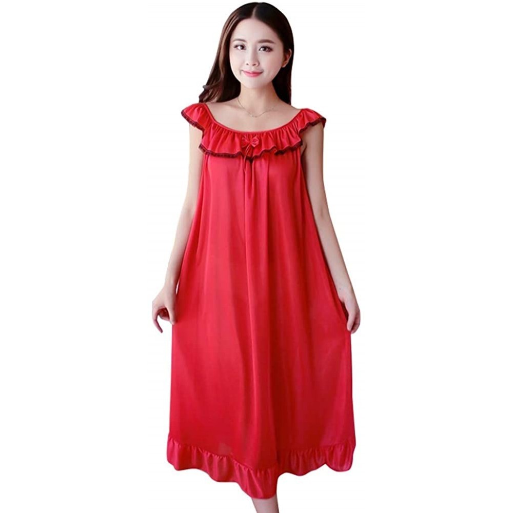 Nightgowns & Sleepshirts Sleepwear Fashion Faux Silk Ruffle Night Dress Nightgown Women Loose Mid-Calf Sleepwear - Red - CP19...