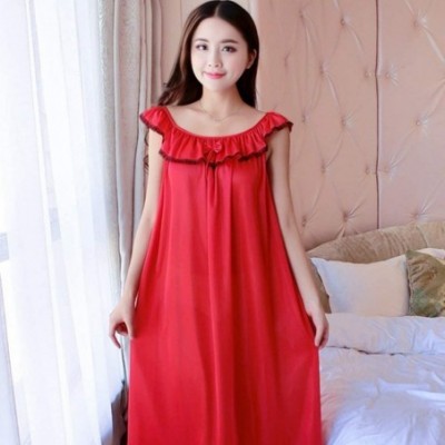 Nightgowns & Sleepshirts Sleepwear Fashion Faux Silk Ruffle Night Dress Nightgown Women Loose Mid-Calf Sleepwear - Red - CP19...