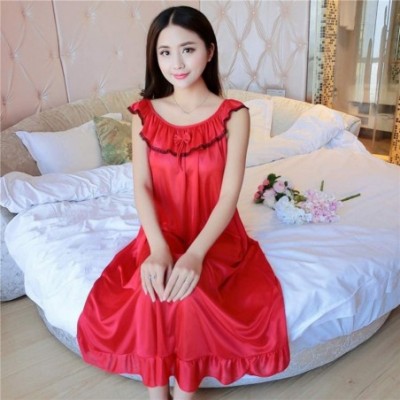 Nightgowns & Sleepshirts Sleepwear Fashion Faux Silk Ruffle Night Dress Nightgown Women Loose Mid-Calf Sleepwear - Red - CP19...