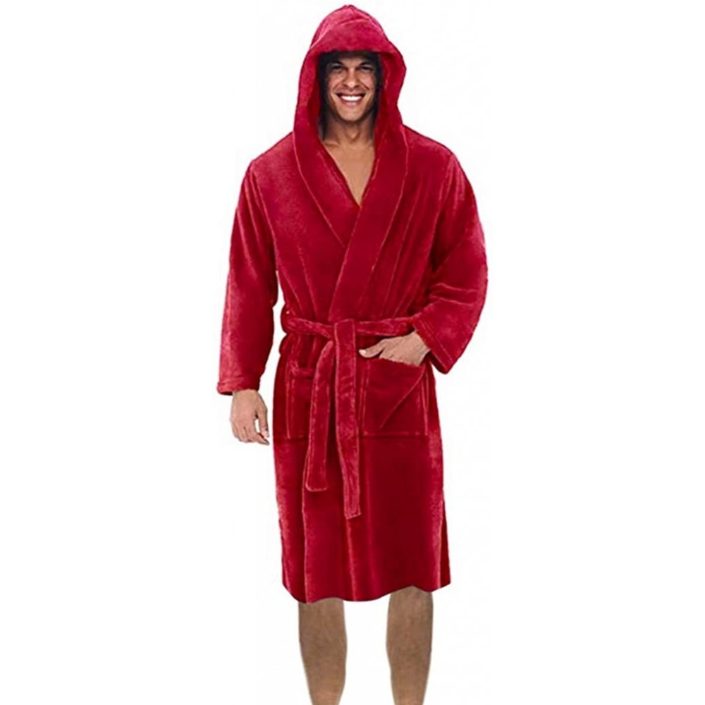 Robes Men's Plush Shawl Bathrobe Home Clothes-Winter Lengthened Long Sleeved Robe Coat - Pocket Bathrobe-red - CR18AGDUHY7