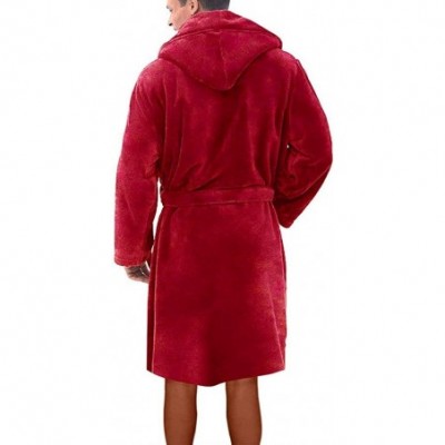 Robes Men's Plush Shawl Bathrobe Home Clothes-Winter Lengthened Long Sleeved Robe Coat - Pocket Bathrobe-red - CR18AGDUHY7